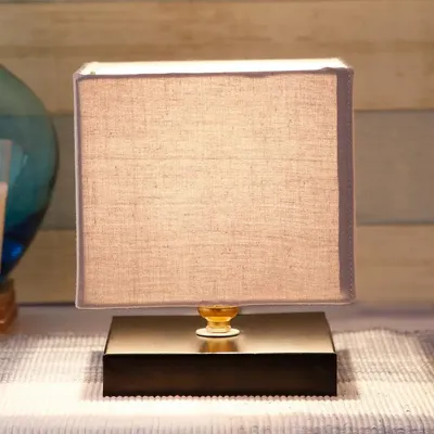 Square Grey Cotton Shade Table Lamp with Iron Base