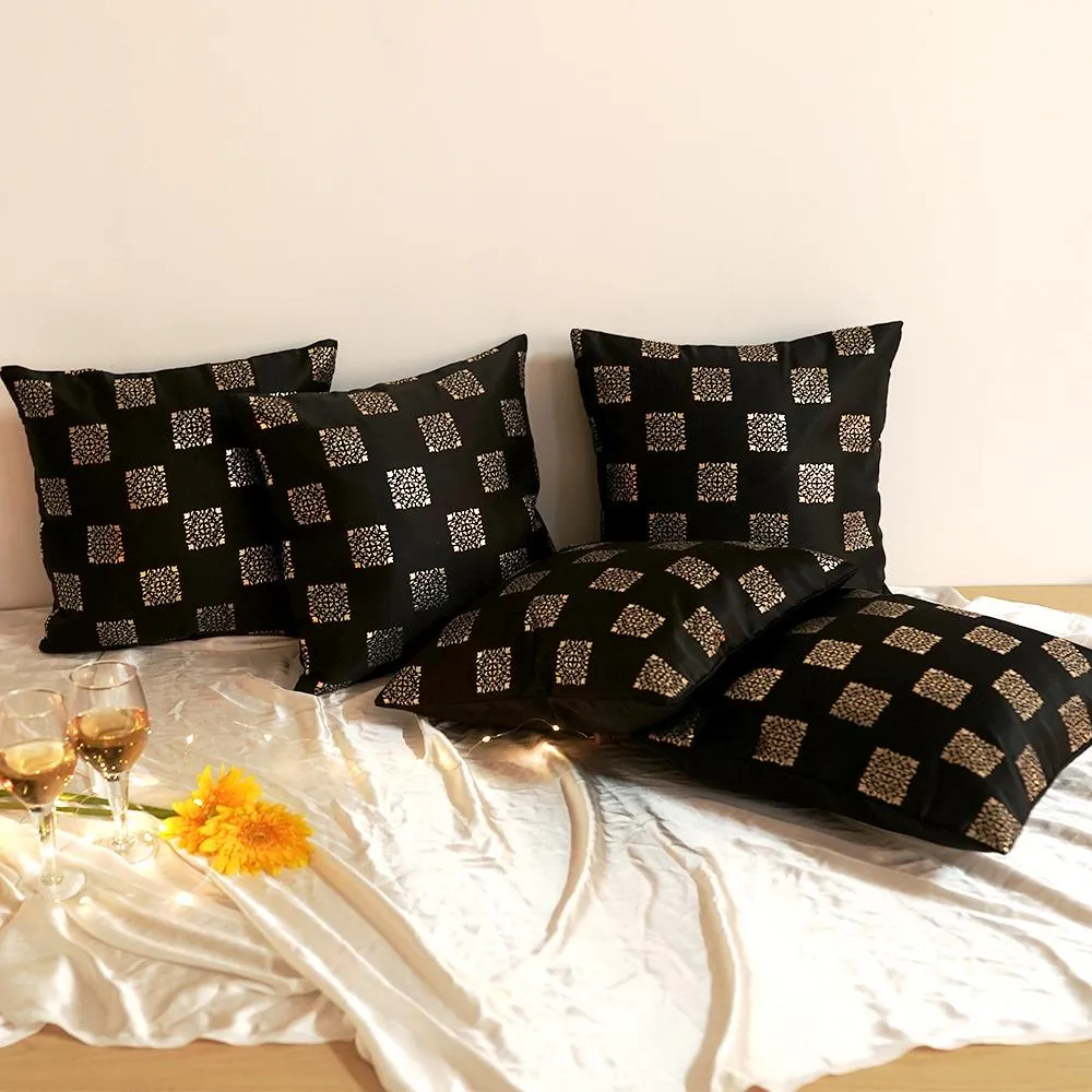 Square Motif Black Satin Cushion Cover Set of 5