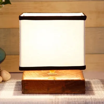Square Multicolor Cotton Shade Table Lamp with Wood Base