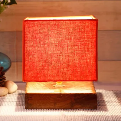 Square Orange Cotton Shade Table Lamp with Wood Base