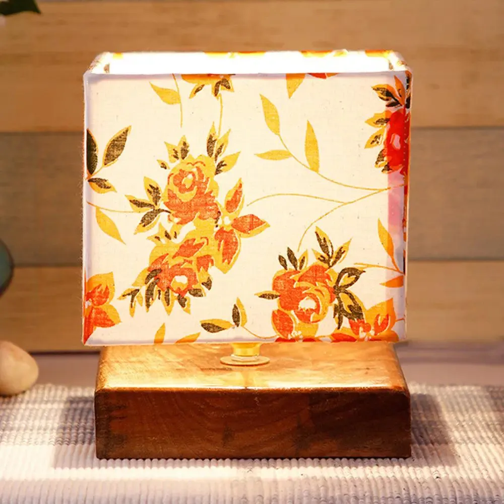 Square Orange Floral Cotton Shade Table Lamp with Wood Base