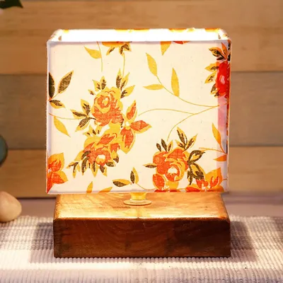 Square Orange Floral Cotton Shade Table Lamp with Wood Base