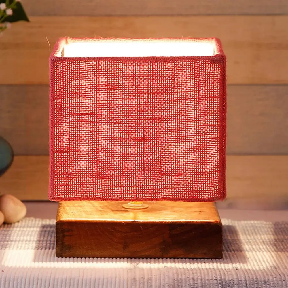 Square Pink Jute Shade Table Lamp with Wood Base