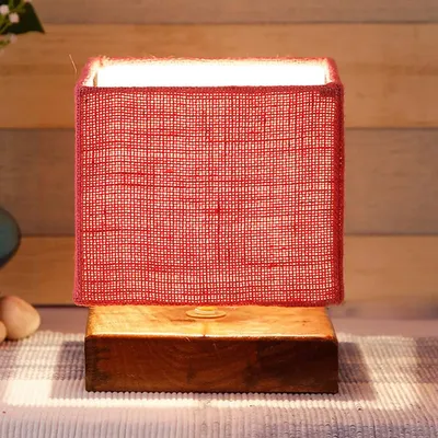 Square Pink Jute Shade Table Lamp with Wood Base