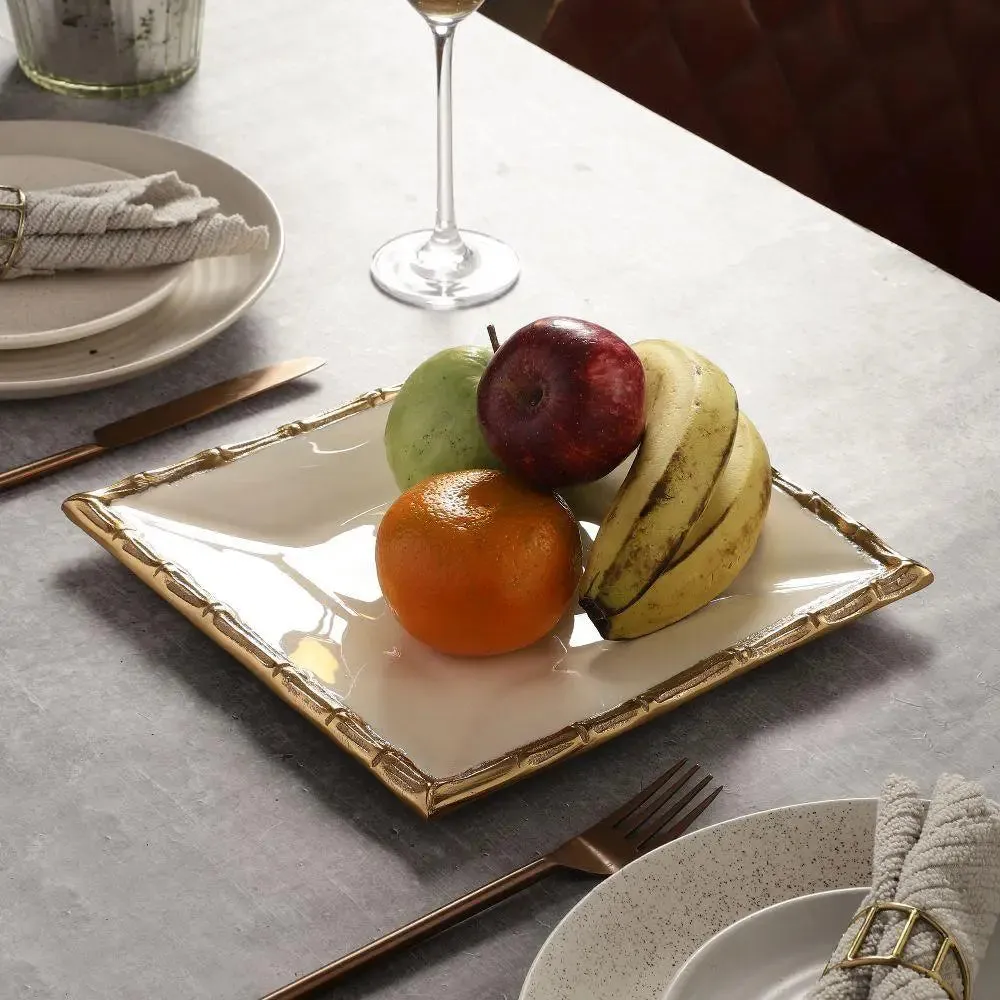 Square Tray Platter in Blue Enamel & Gold Finish