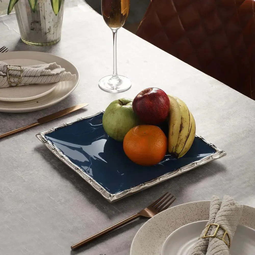 Square Tray Platter in Blue Enamel & Silver Finish