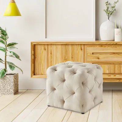 Square Velvet Tufted Solid Puffy Stool In Beige