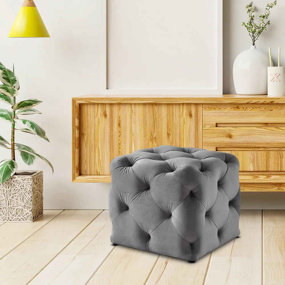 Square Velvet Tufted Solid Puffy Stool In Grey