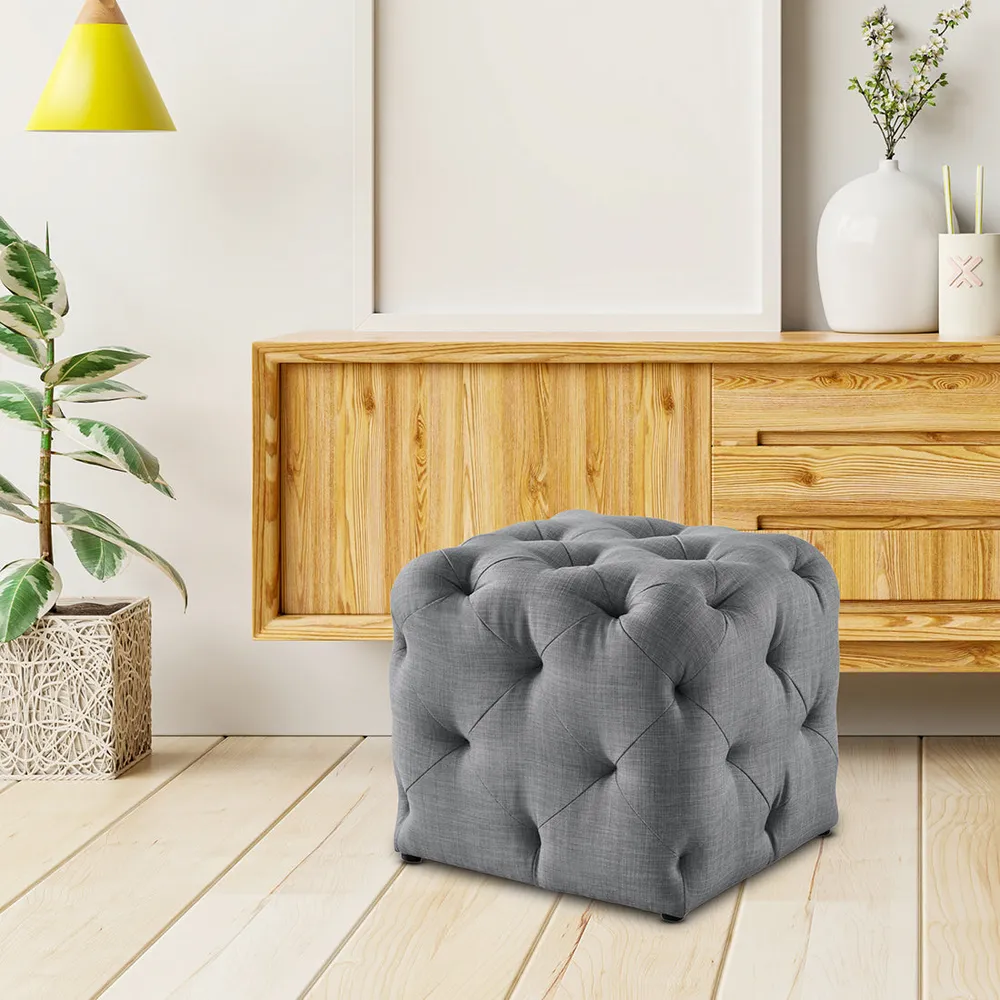 Square Velvet Tufted Solid Puffy Stool In Light Grey