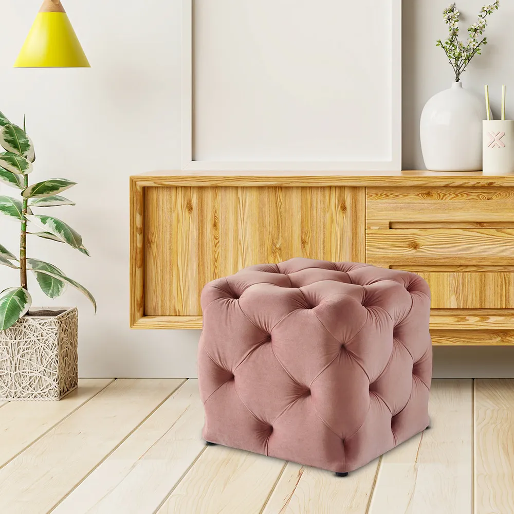Square Velvet Tufted Solid Puffy Stool In Pink