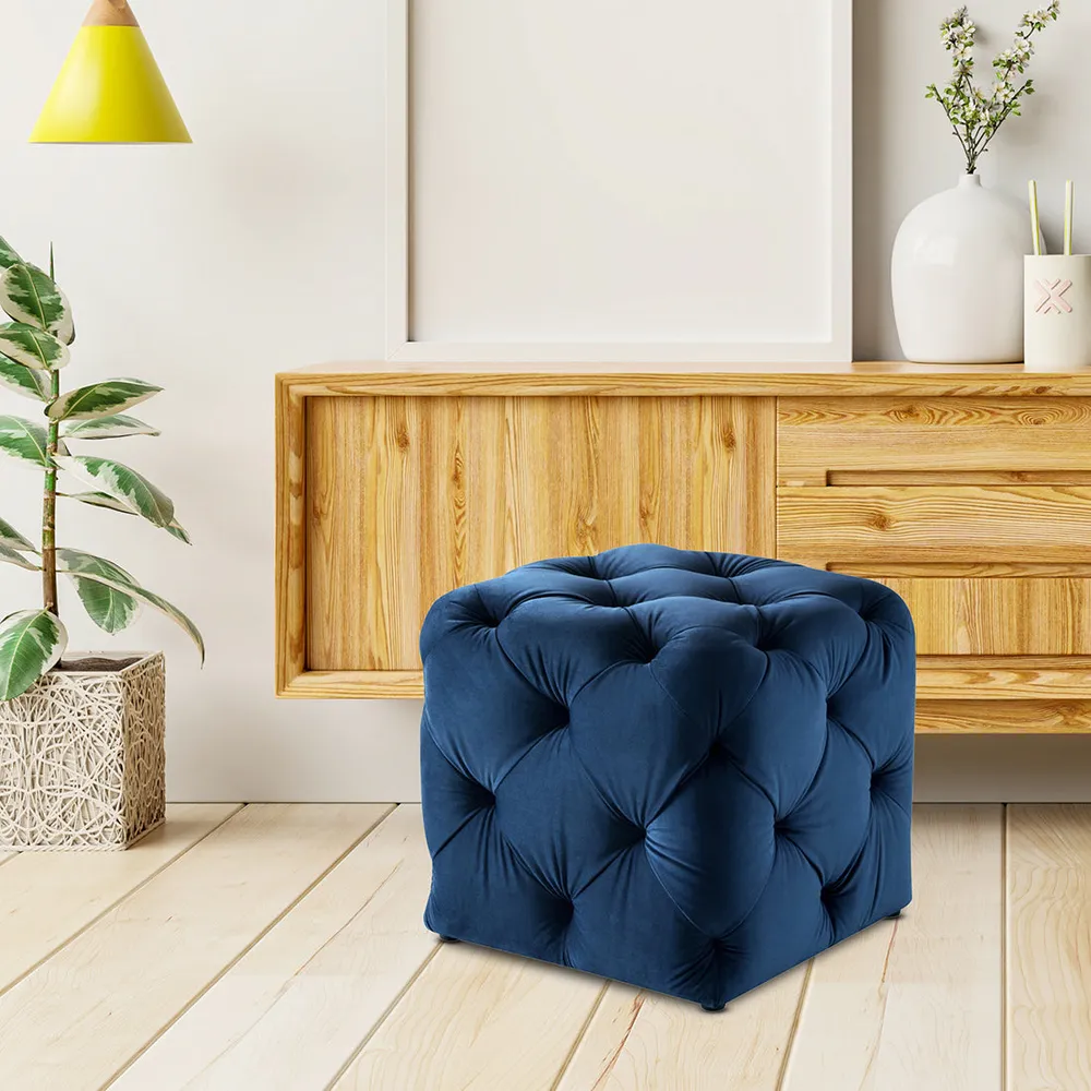 Square Velvet Tufted Solid Puffy Stool In Royal Blue