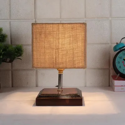 Square Wood Table Lamp with Beige Jute Shade