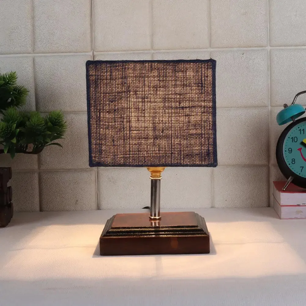 Square Wood Table Lamp with Blue Jute Shade