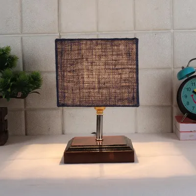 Square Wood Table Lamp with Blue Jute Shade