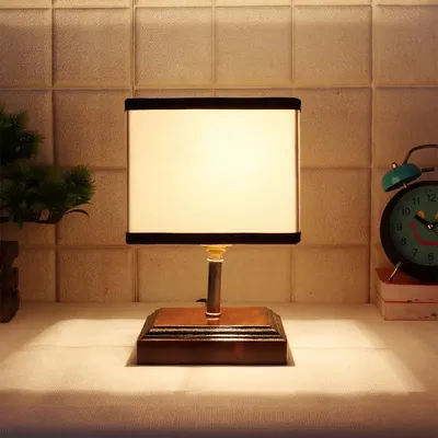 Square Wood Table Lamp with Cotton Shade