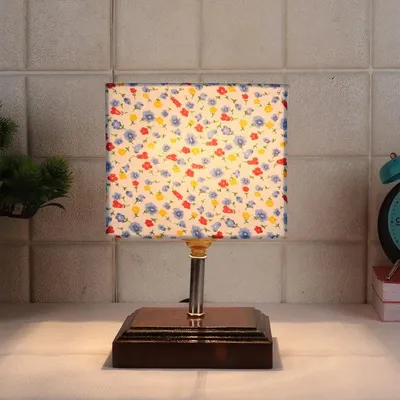 Square Wood Table Lamp with Dotted Cotton Shade