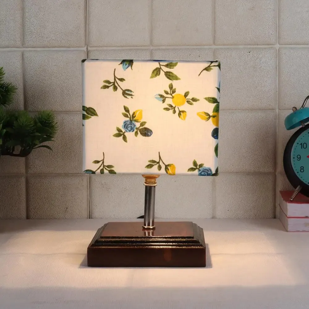 Square Wood Table Lamp with Floral Cotton Shade