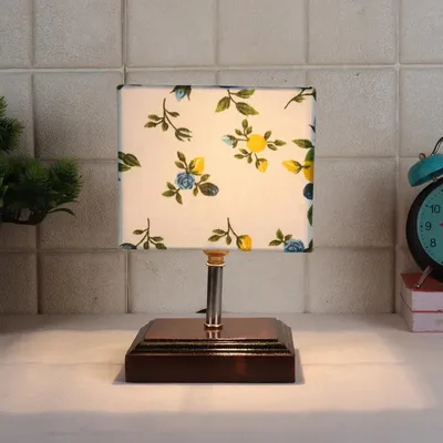 Square Wood Table Lamp with Floral Cotton Shade