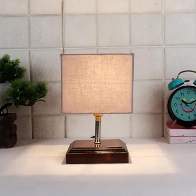 Square Wood Table Lamp with Grey Cotton Shade