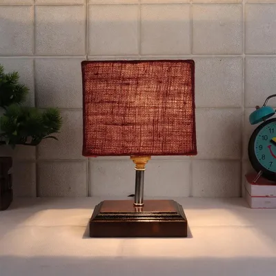 Square Wood Table Lamp with Maroon Jute Shade