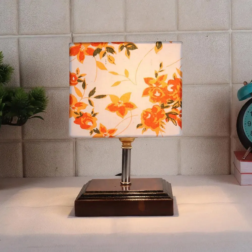 Square Wood Table Lamp with Multicolor Cotton Shade
