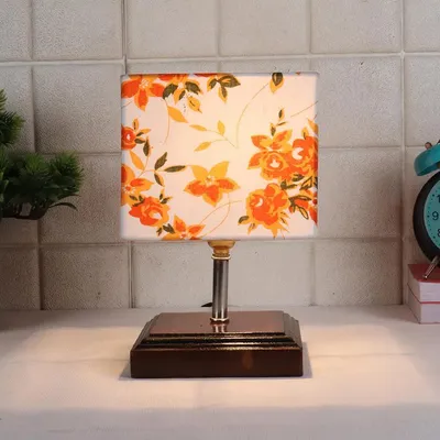 Square Wood Table Lamp with Multicolor Cotton Shade