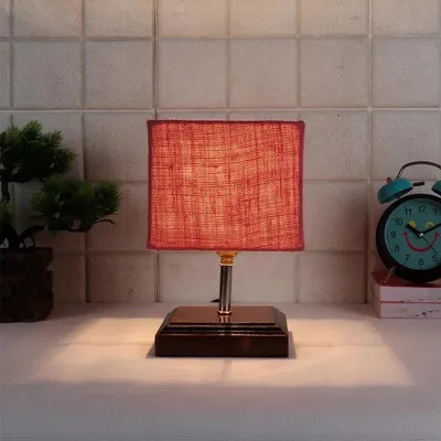 Square Wood Table Lamp with Pink Jute Shade