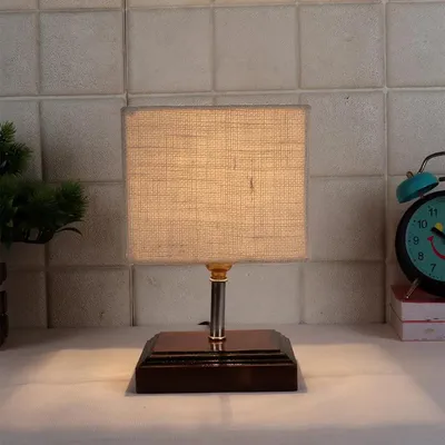 Square Wood Table Lamp with White Jute Shade