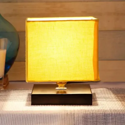 Square Yellow Cotton Shade Table Lamp with Iron Base