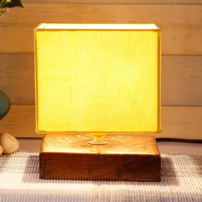 Square Yellow Cotton Shade Table Lamp with Wood Base