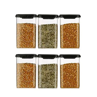 Standard Square Airtight Plastic Kitchen Storage Container With Black Lid Set Of 6 (1100 ml)