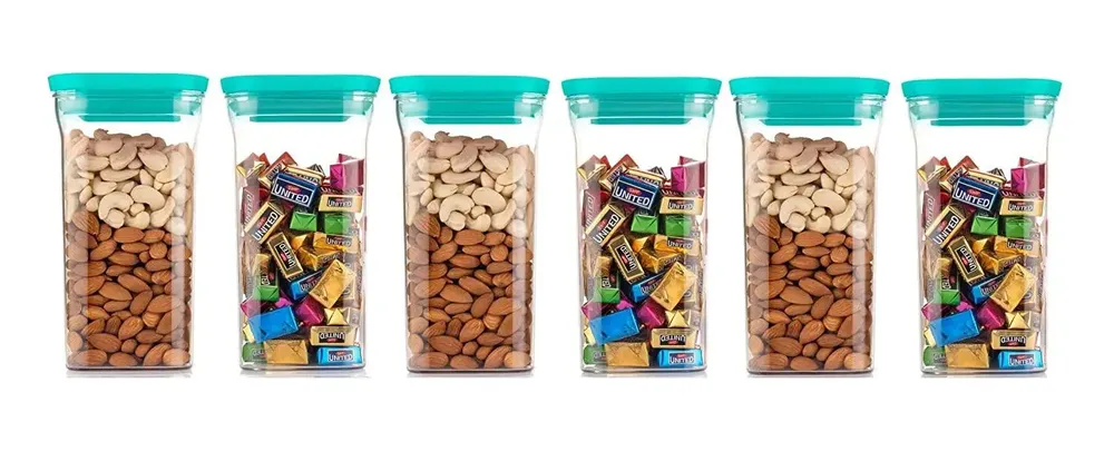 Standard Square Airtight Plastic Kitchen Storage Container With Blue Lid Set Of 6 (1100 ml)