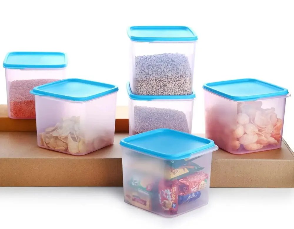 Standard Square Big Plastic Kitchen Storage Container With Blue Lid Set Of 6 (4 Litre)