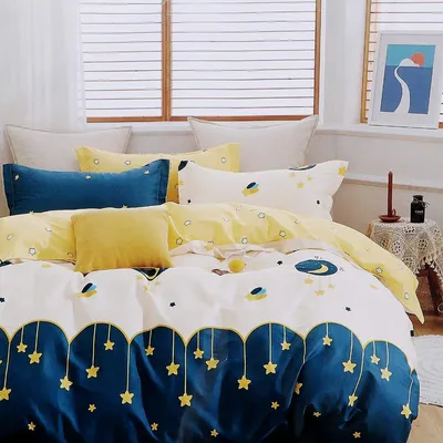 Starry Night Kids Print Double Bedsheet With 2 Pillow Covers (White)