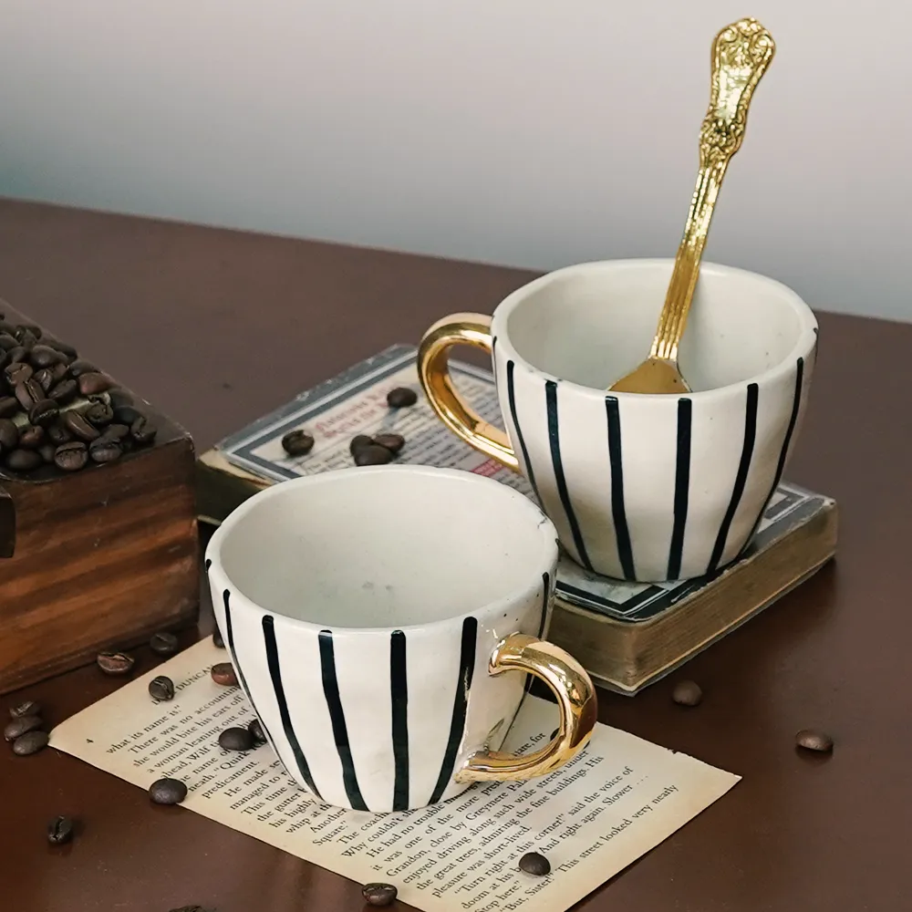 Striped Affluent Ceramic Tea Cups With Gold Handle  Set of 2