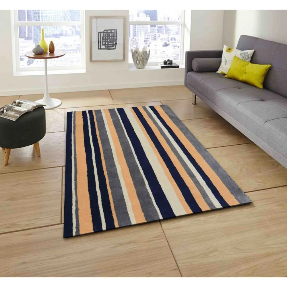 Striped Navy Blue & Gray Tufted Area Carpet