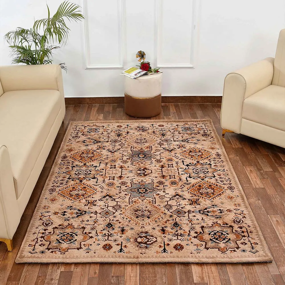 Stunning Beige Coloured Traditional Print Hand Tufted Polyester Carpet