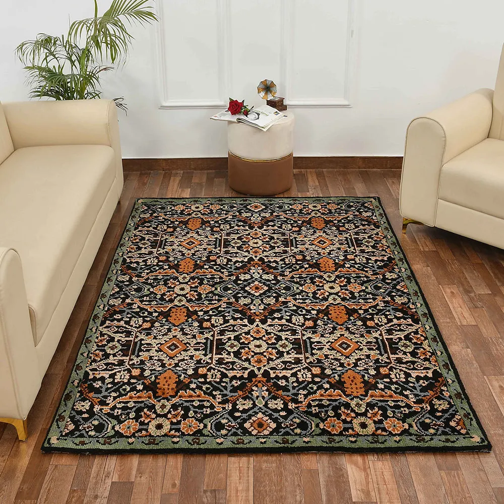 Stunning Black and Gold Traditional Print Hand Tufted Polyester Carpet