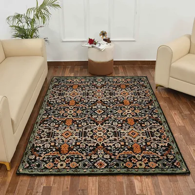 Stunning Black and Gold Traditional Print Hand Tufted Polyester Carpet