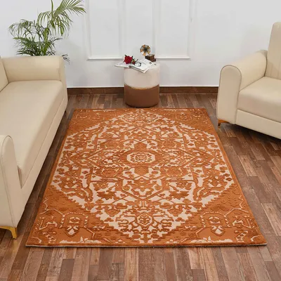 Stunning Gold and Beige Traditional Print Hand Tufted Polyester Carpet