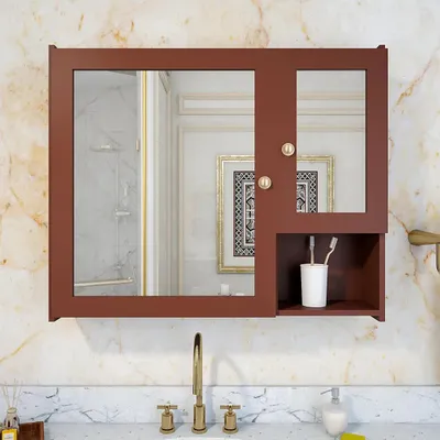 Sturdy Wooden Bathroom Storage Cabinet with Mirrors &amp; 5 Spacious Shelves- Solid Brown