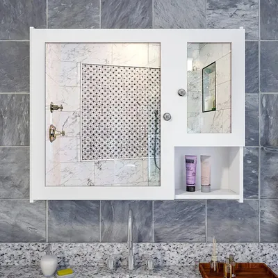 Sturdy Wooden Bathroom Storage Cabinet with Mirrors &amp; 5 Spacious Shelves- White