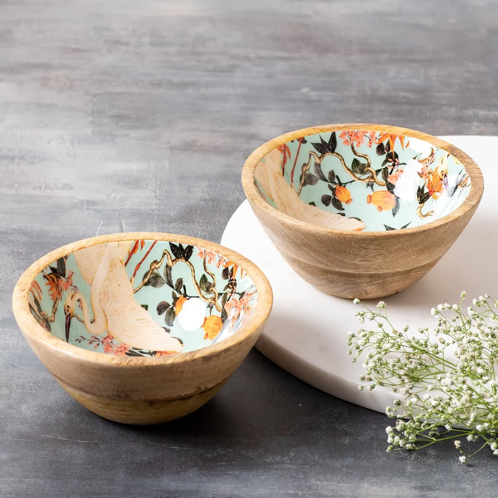 Subtle Green Flamingo Enamel Print Wood Serving Bowl Set Of 2