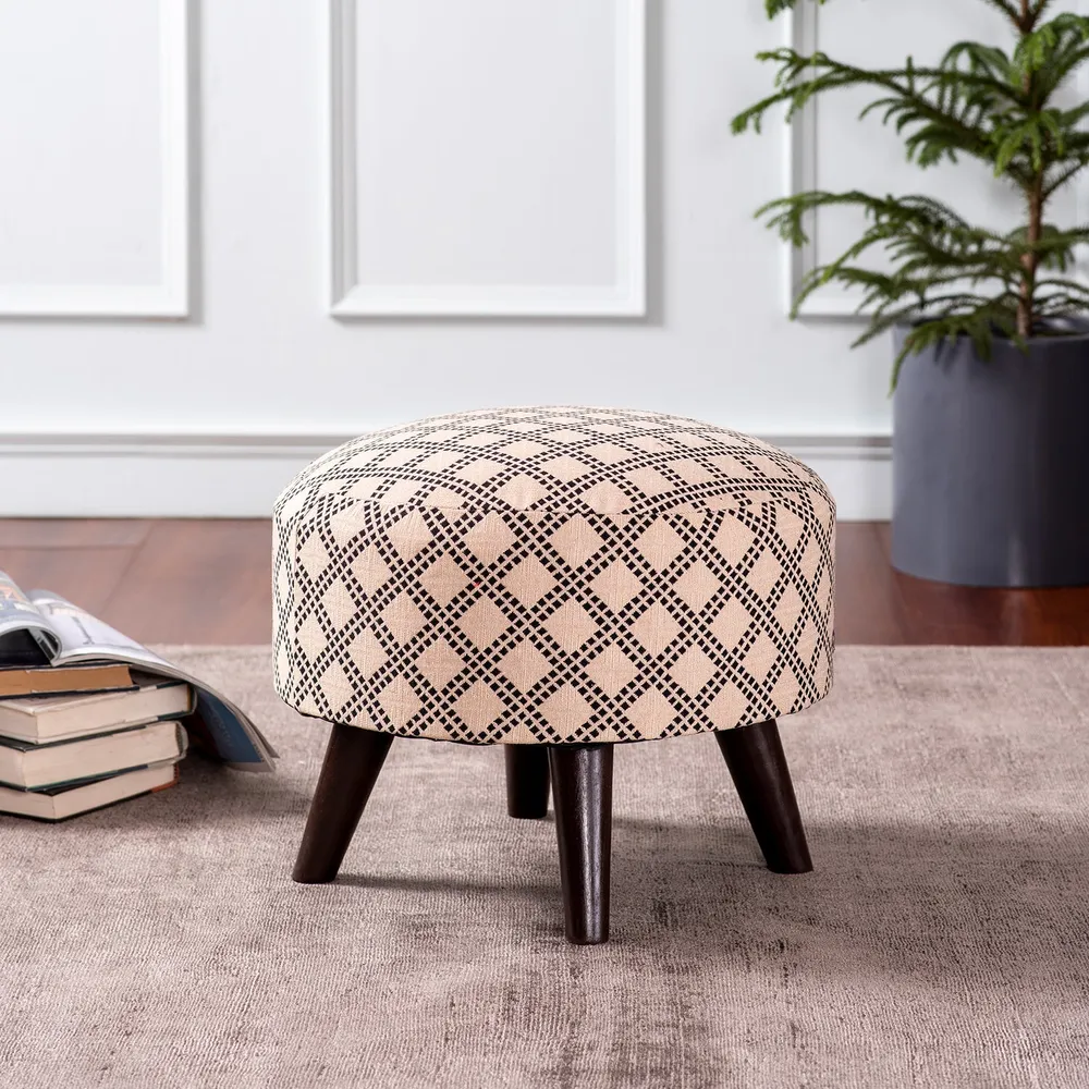 Subtle Printed Woven Jacquard Pink Base Cotton Upholstered Ottoman Wood Stool