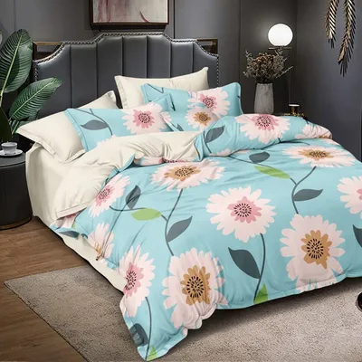 Summer Brights Floral Designer Double Bedsheet With 2 Pillow Covers (Blue & Pink)