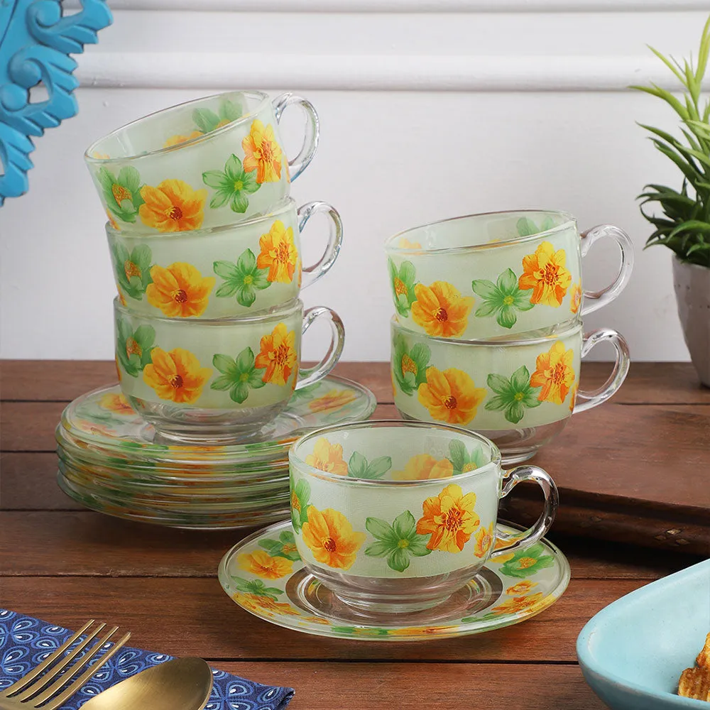 Summer Floral Print Green & Orange Translucent Tea Cups With Saucers Set Of 6