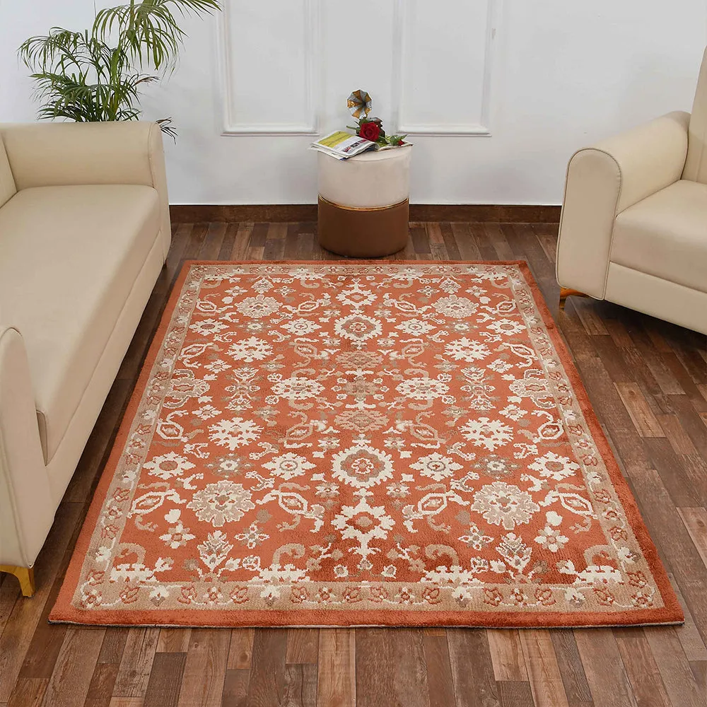 Superior-quality Orange and Beige Traditional Print Polyester Carpet for Living Room