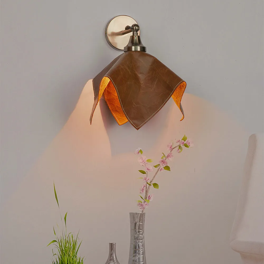 Supple Brown Leather Shaped Single Light Wall Sconce