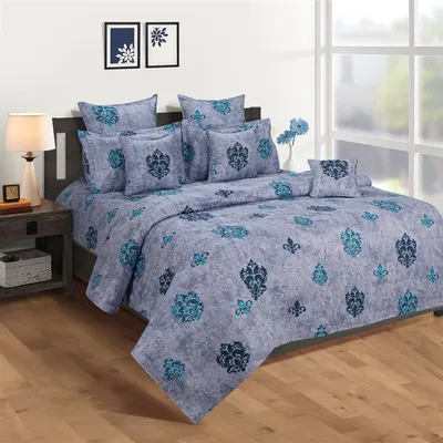 Swayam Aegean Block Print Zinnia Double Bedsheet with 2 pillow covers