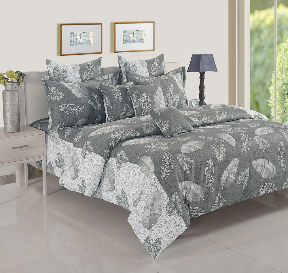 Swayam Ananda Grey & White Abstract Cotton Fitted Double Bedsheet